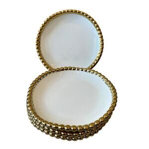 Baroque Ceramic Appetizer Plates 6in Gold Beaded Trim Set of 4 White New